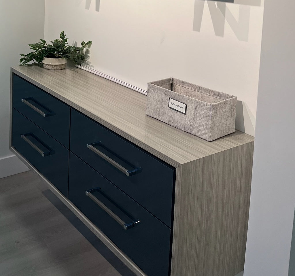 Custom Floating Cabinet - Concrete Glacier with Dovetail Drawers & Leather Handles