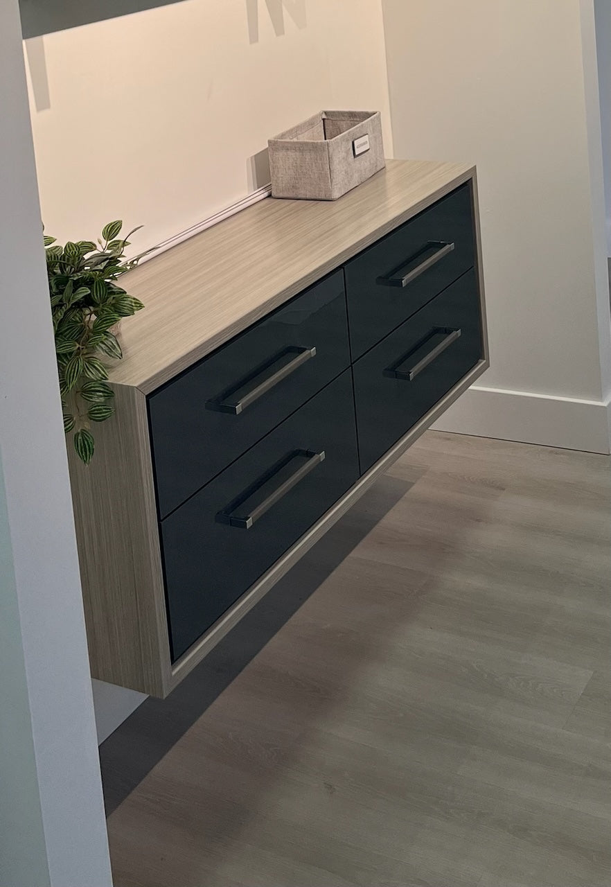 Custom Floating Cabinet - Concrete Glacier with Dovetail Drawers & Leather Handles